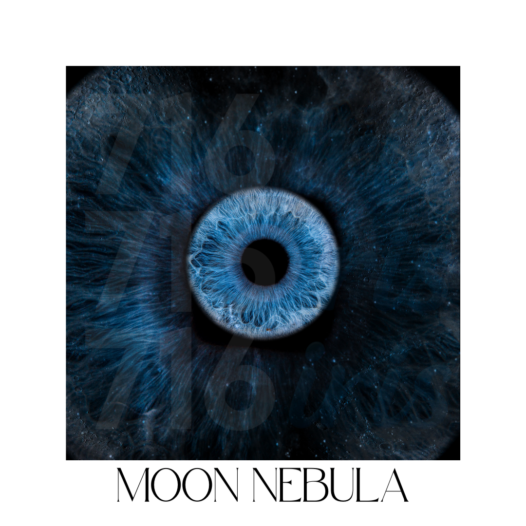 Blue nebula-like cosmic artwork with circular patterns resembling moons or celestial bodies against dark background.