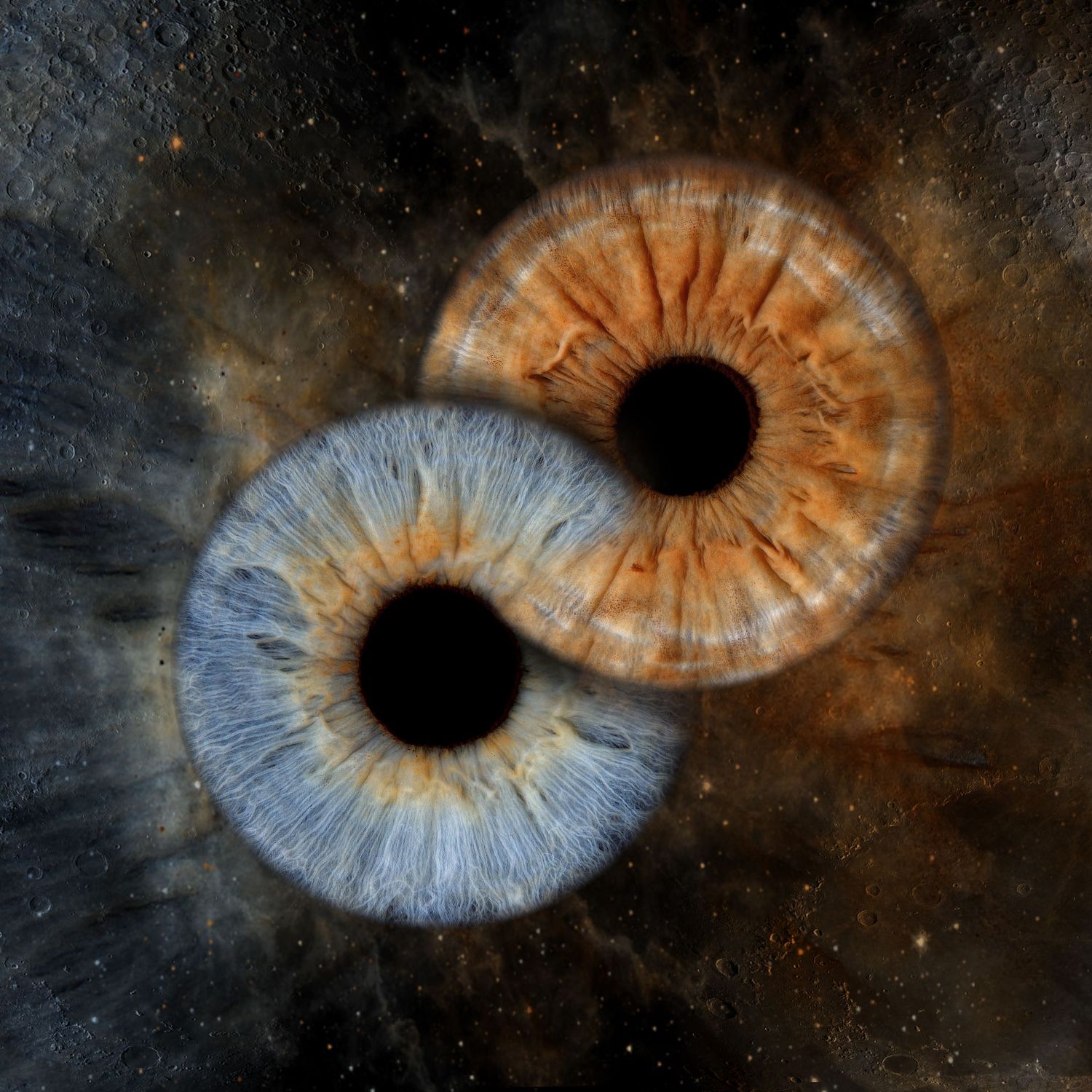 Two human eyes arranged in yin-yang formation against a cosmic nebula background, one blue and one brown iris.