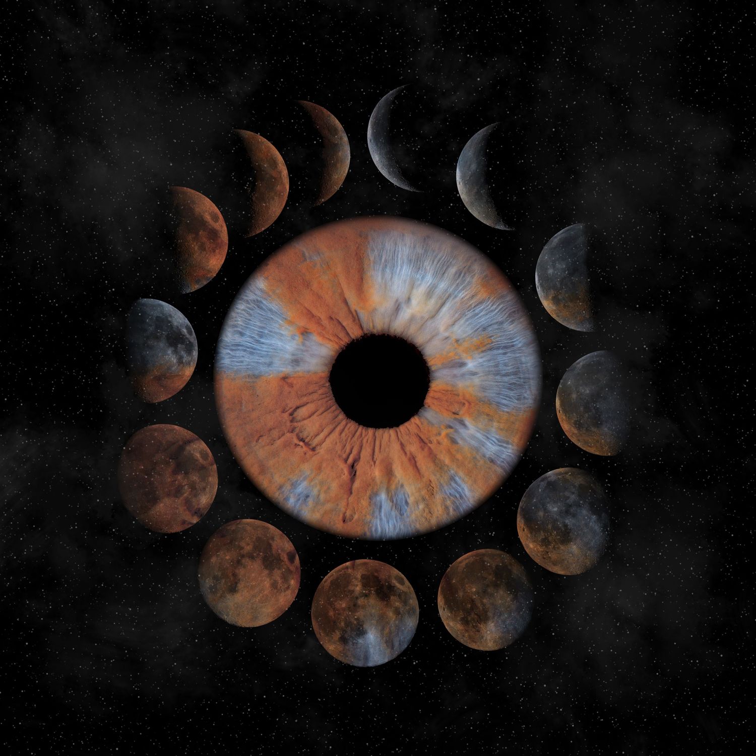 A human eye surrounded by lunar moon phases in a circular arrangement against a dark starry background.