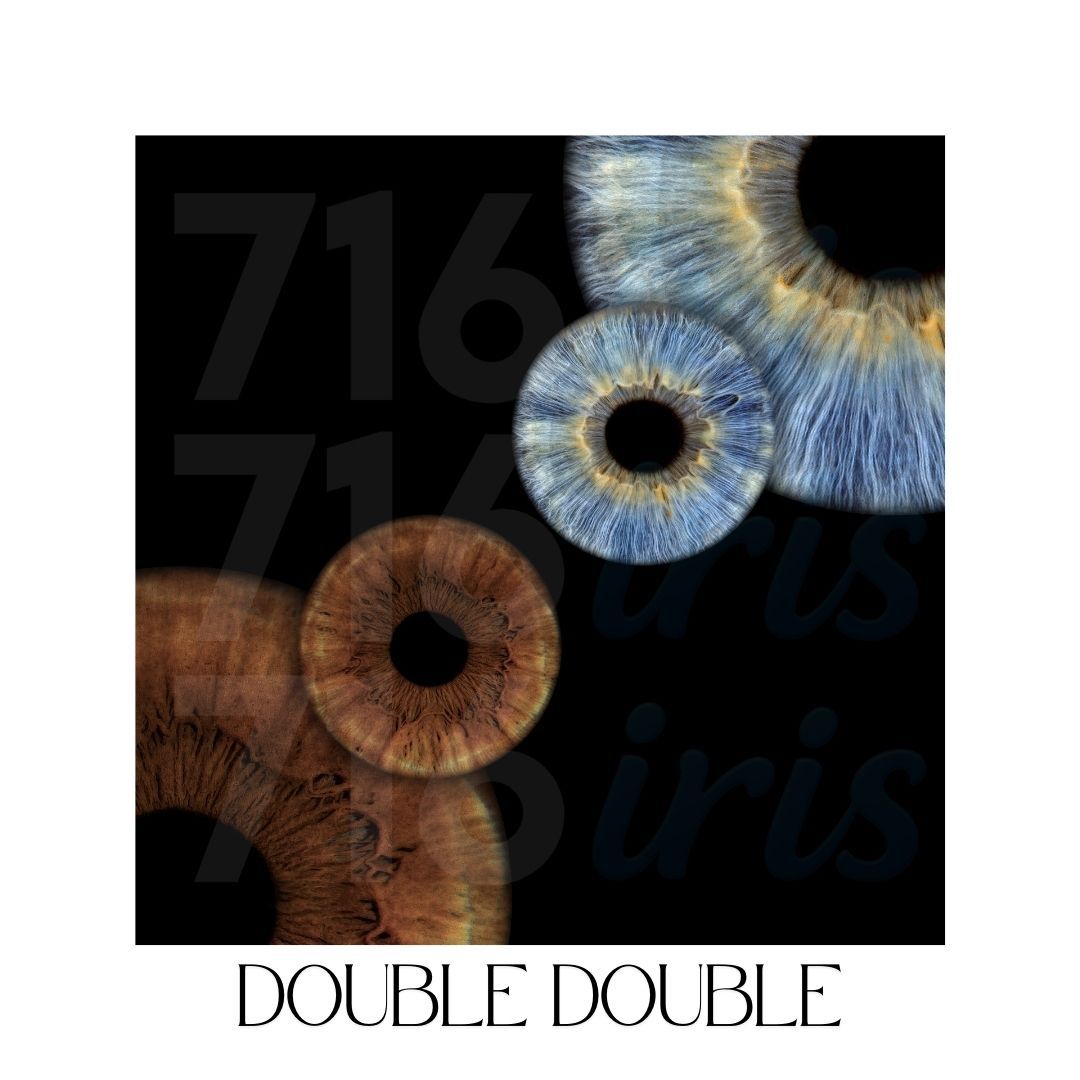 716 iris Abstract artistic composition showing two overlapping iris patterns in brown and blue tones against a dark background.