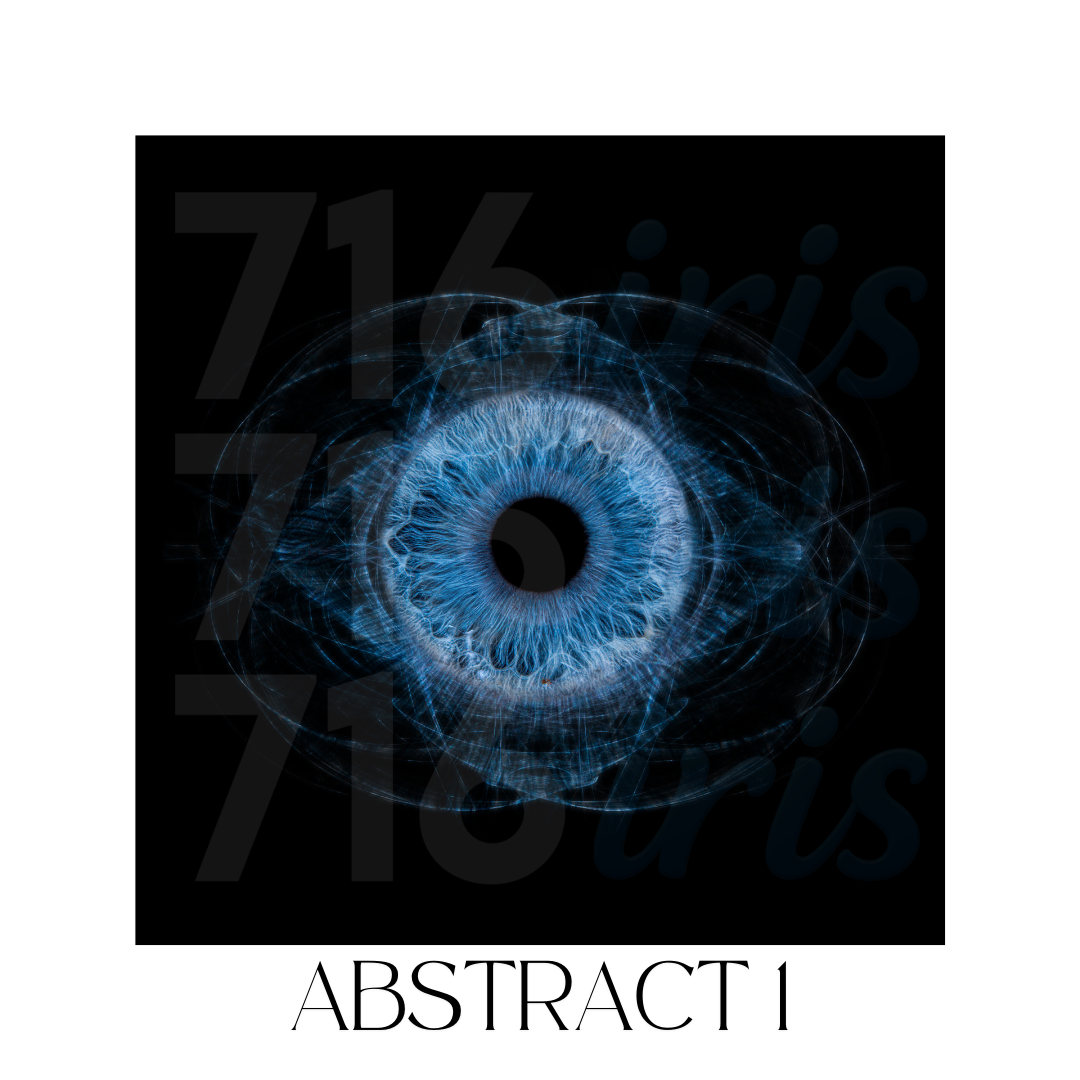 Abstract digital artwork showing glowing blue iris patterns against dark background in a series of connected images.