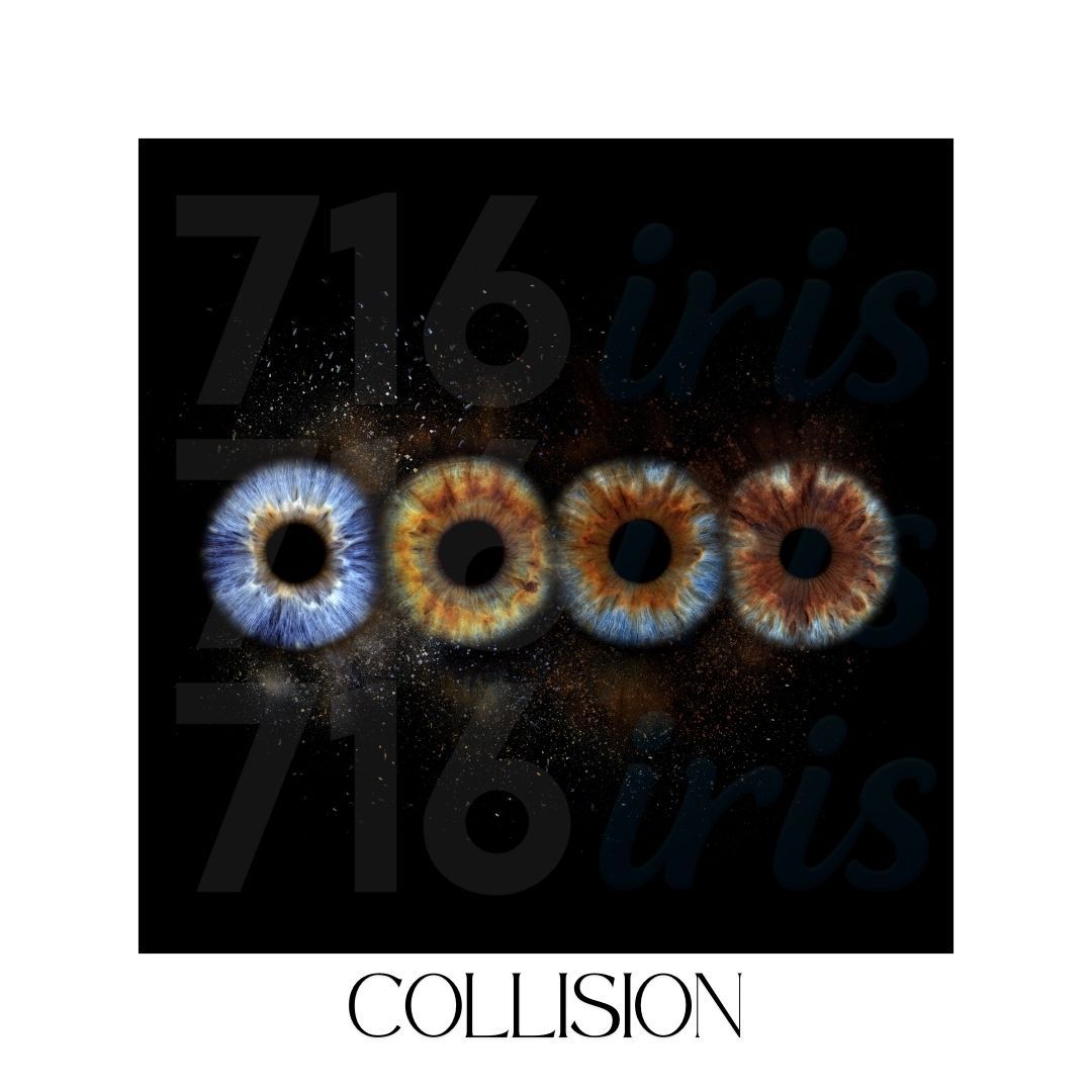 716 iris A series of artistic eye iris designs in different colors arranged in rows showing the word 'COLLISION' underneath.