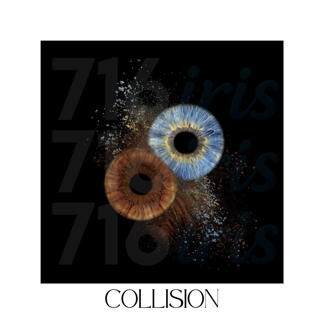 716 iris Abstract digital art sequence showing blue and brown iris patterns exploding into particles against a dark background.