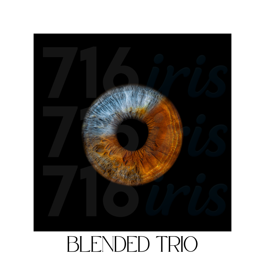 716 iris Close-up of a human iris split between blue and orange colors against a black background with numerical text overlay.