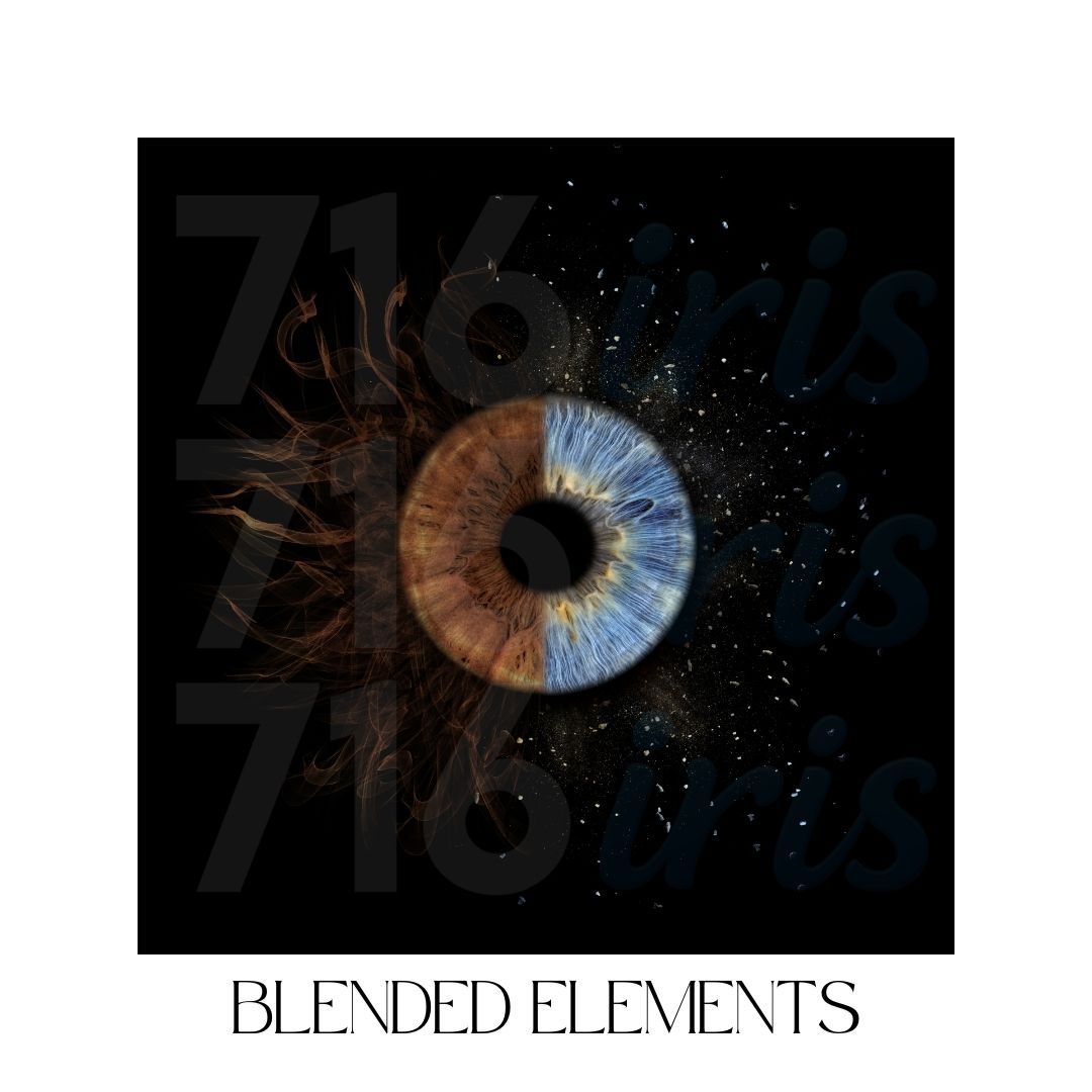 716 iris Abstract artistic composition showing blended eye iris designs with dark and light contrasts against a starry background.