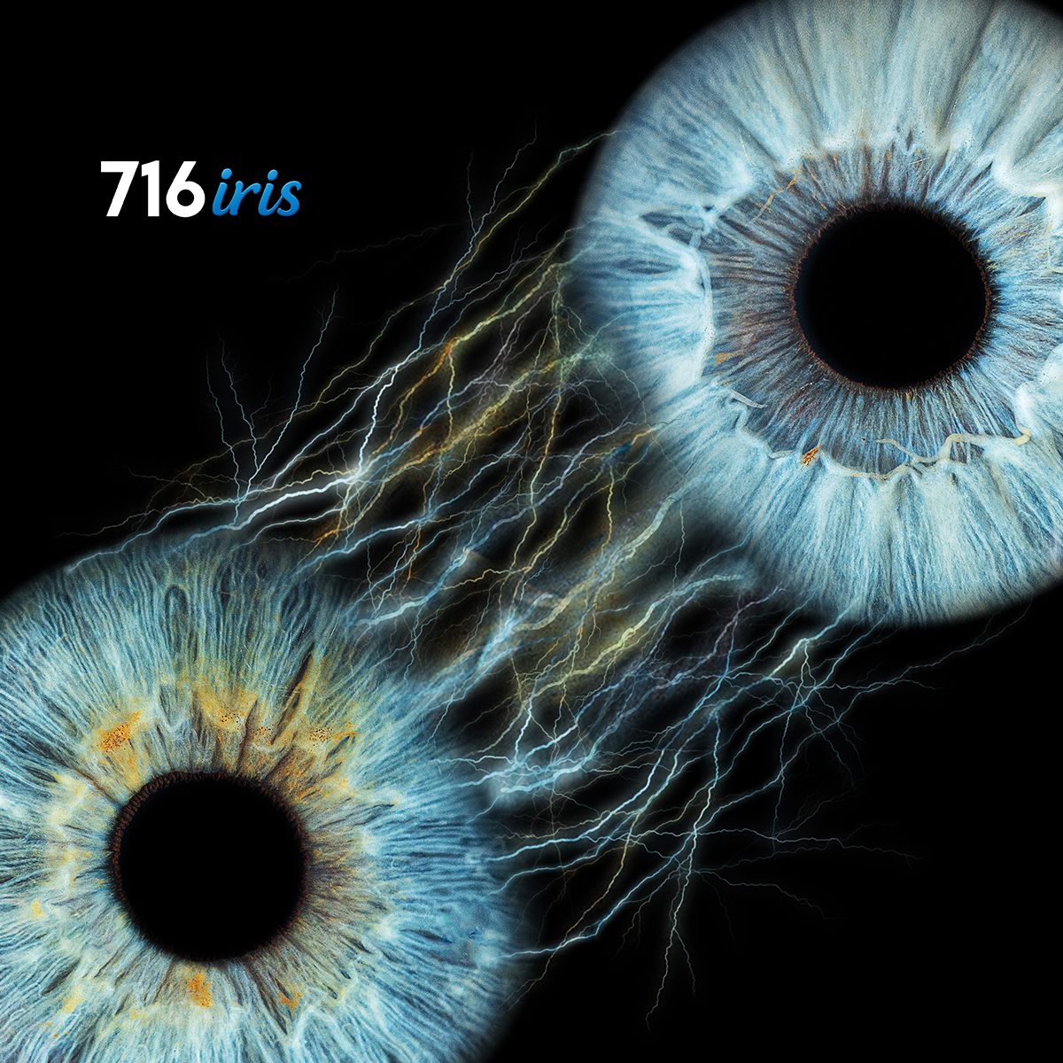 Macro photographs of vibrant blue human irises with intricate details and patterns on black background arranged in a strip.