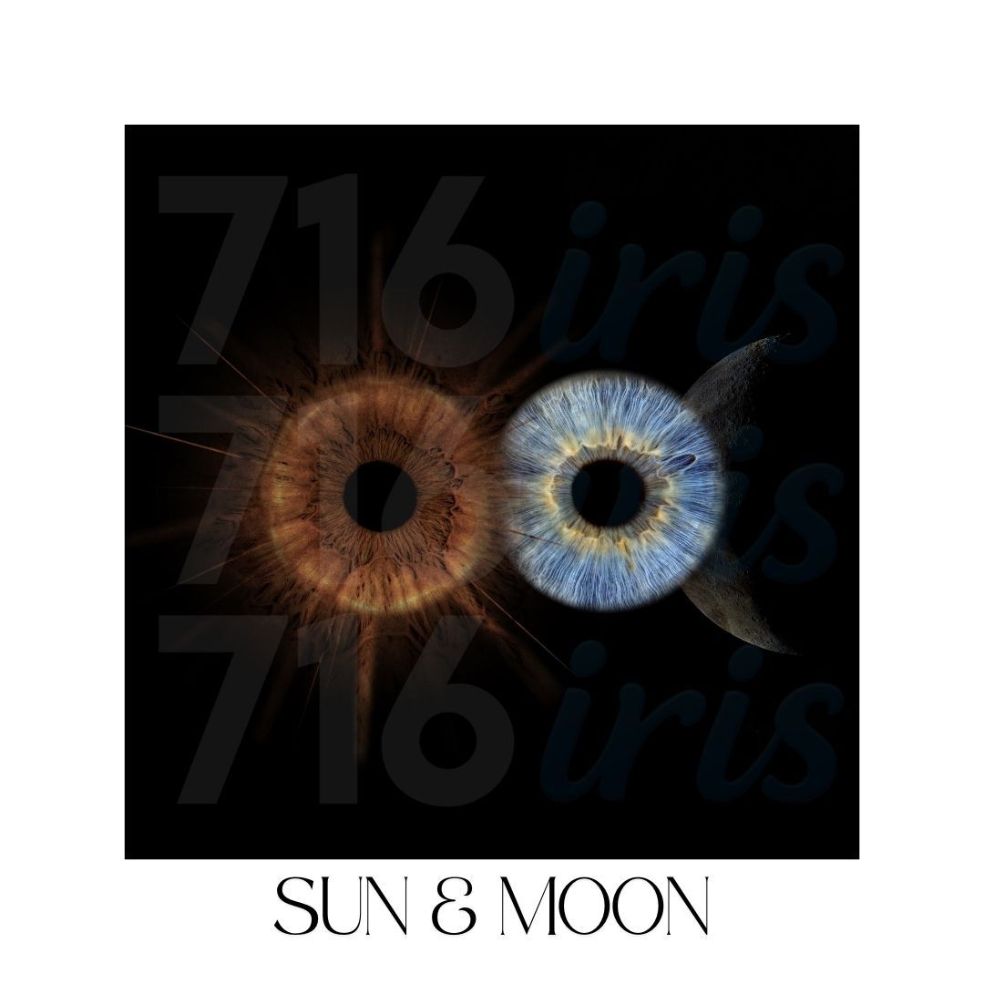 716 iris Artistic illustration of sun and moon eyes with orange and blue irises against black background with numerical text.