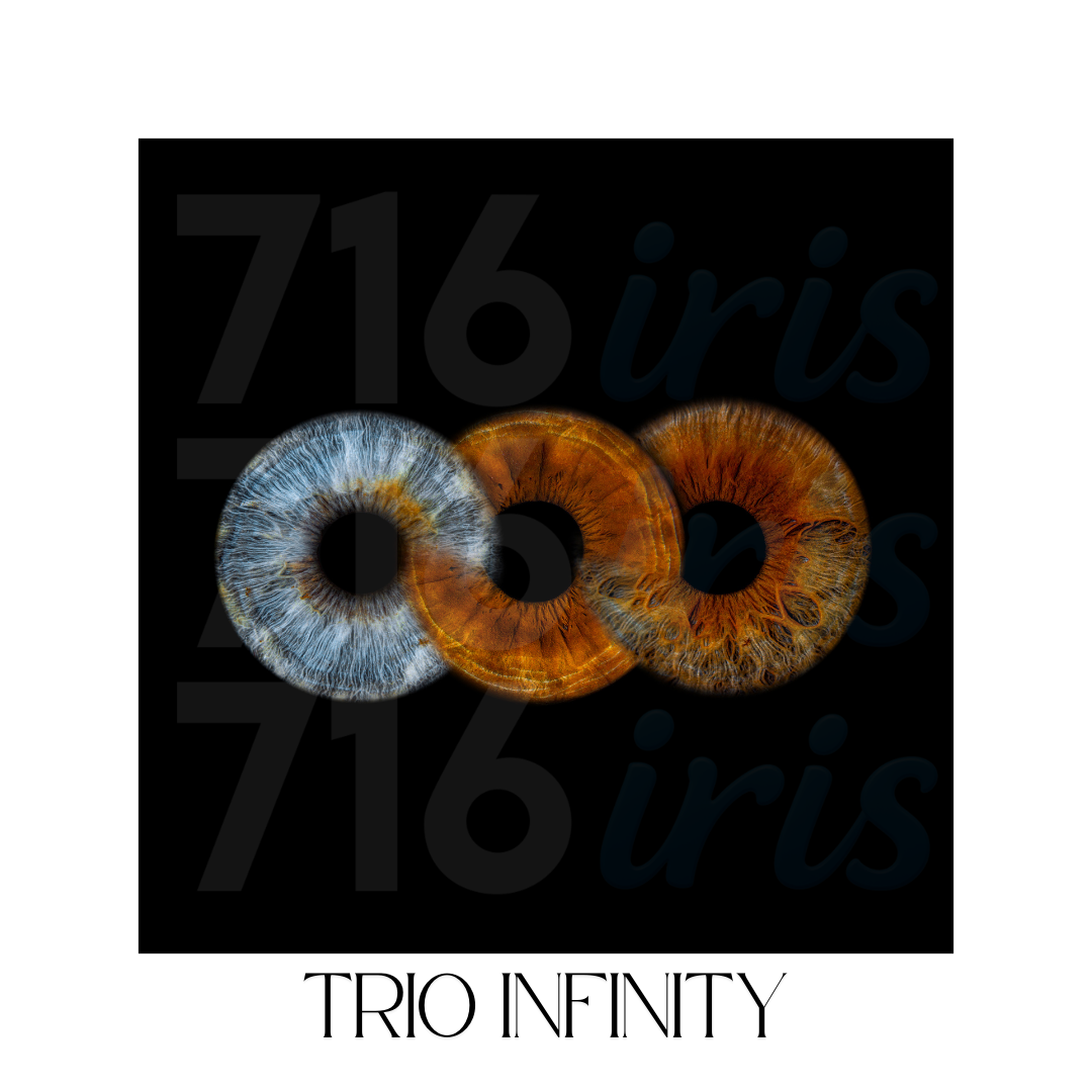 716 iris Abstract circular iris patterns in orange and blue colors arranged in a row against black background.