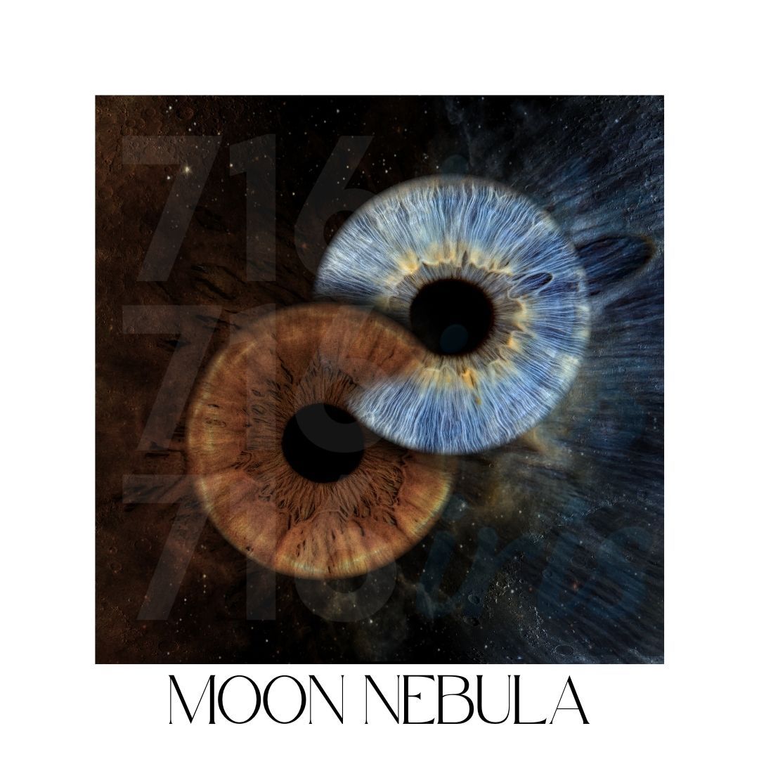 716 iris Artistic composition of brown and blue irises with ethereal moonlit nebula effects.