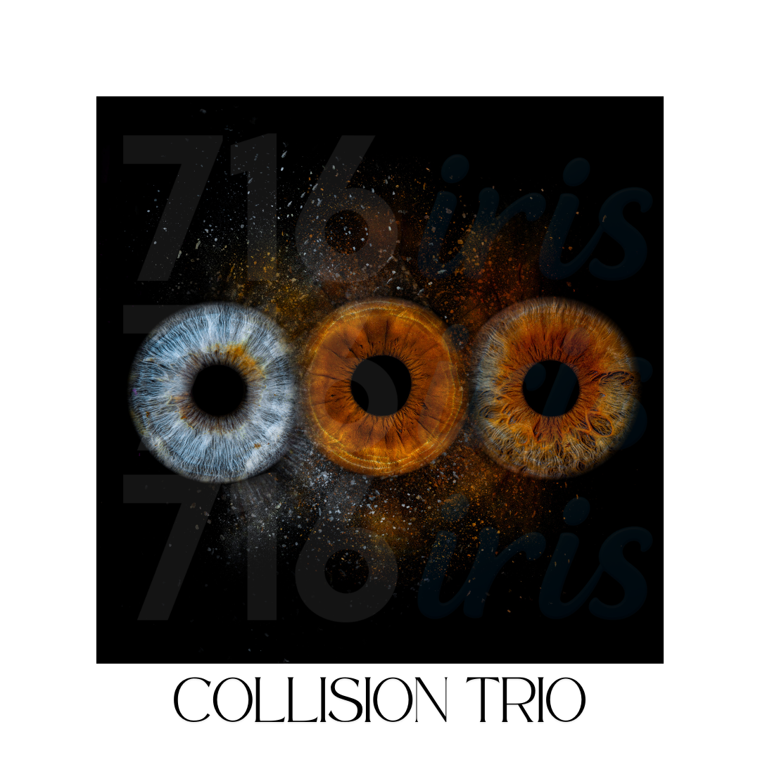 716 iris Three artistic eyes arranged horizontally with collision effects in contrasting blue and orange colors.