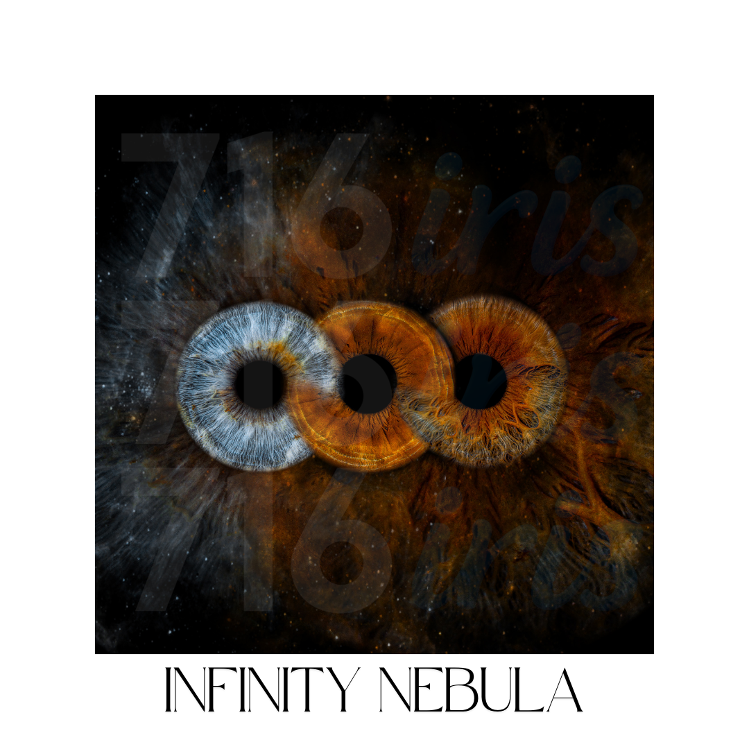 716 iris Digital artwork featuring three cosmic eyes with nebula effects in blue and orange hues against black background.