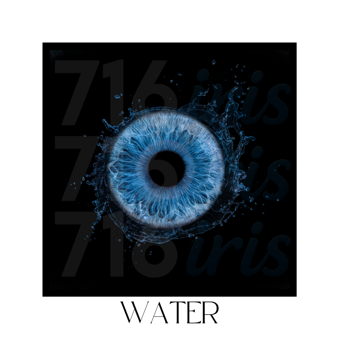 A striking blue human iris with water splash effects against a black background and the word WATER below.