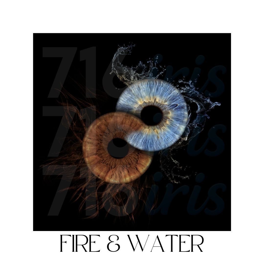 716 iris Artistic image of brown and blue irises with fire and water effects on opposite sides.