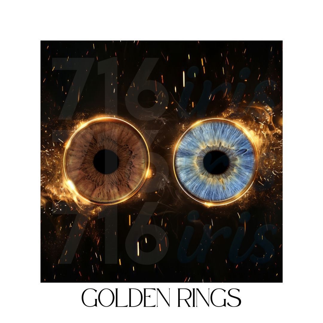 716 iris Two glowing eyes with contrasting brown and blue irises surrounded by flames and numbers on a dark background.