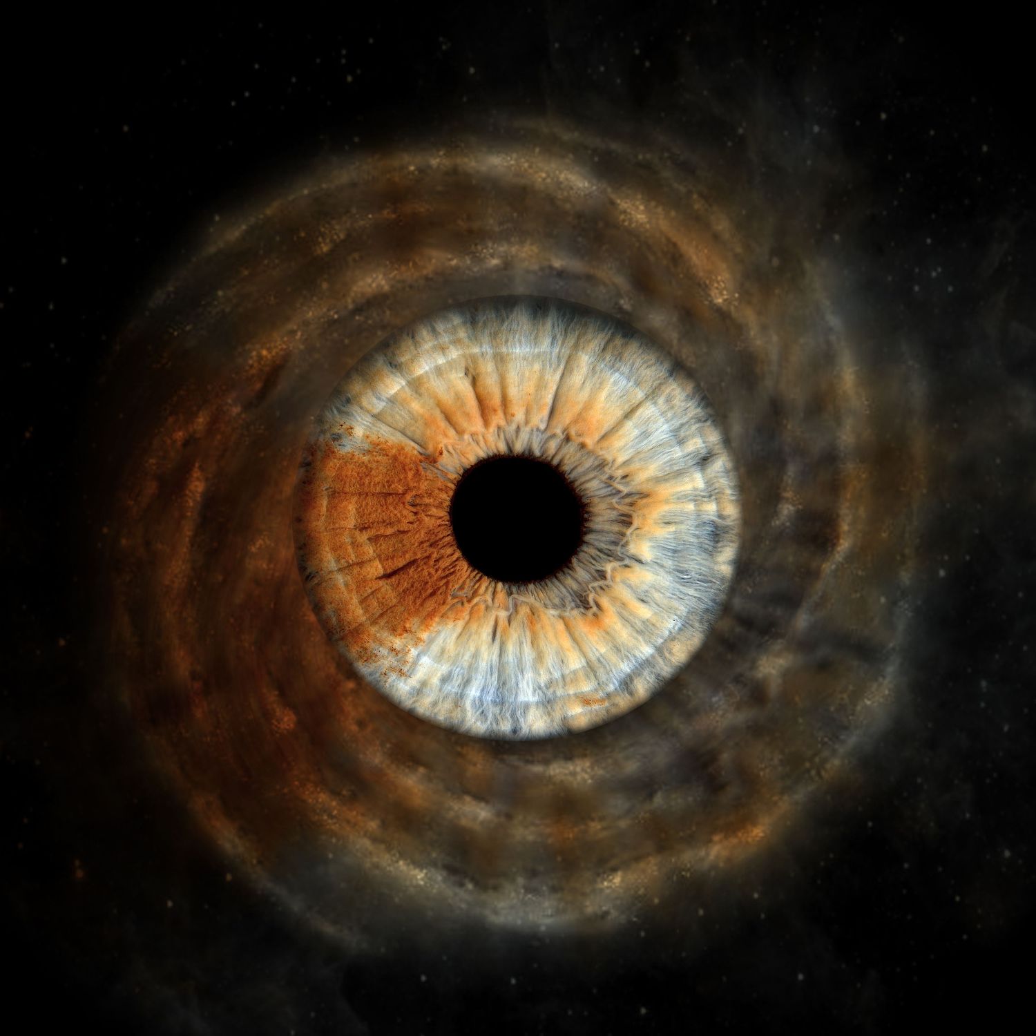 Surreal cosmic eye with brown iris blending into a dark galaxy, combining human anatomy with outer space aesthetics.