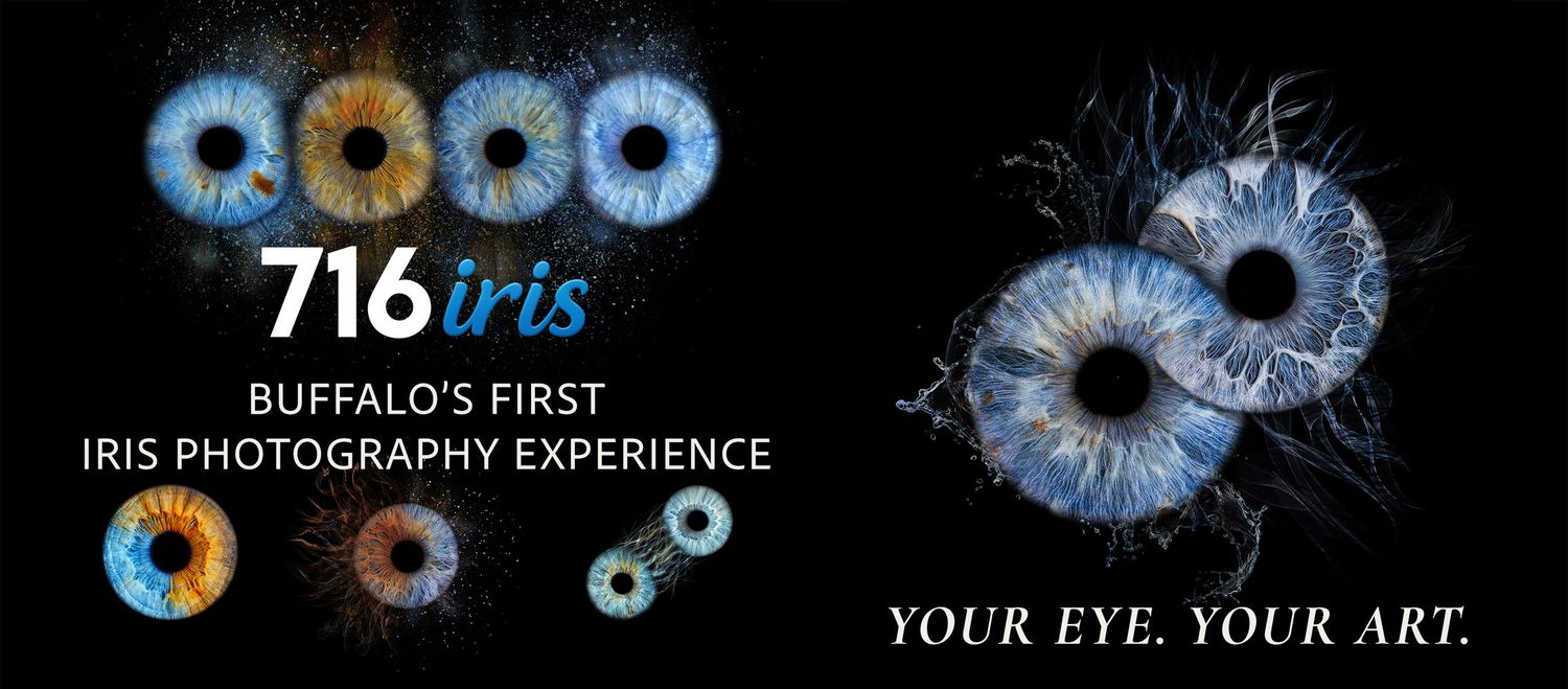 Abstract blue iris flower pattern repeated in decorative photography business branding and logo design.