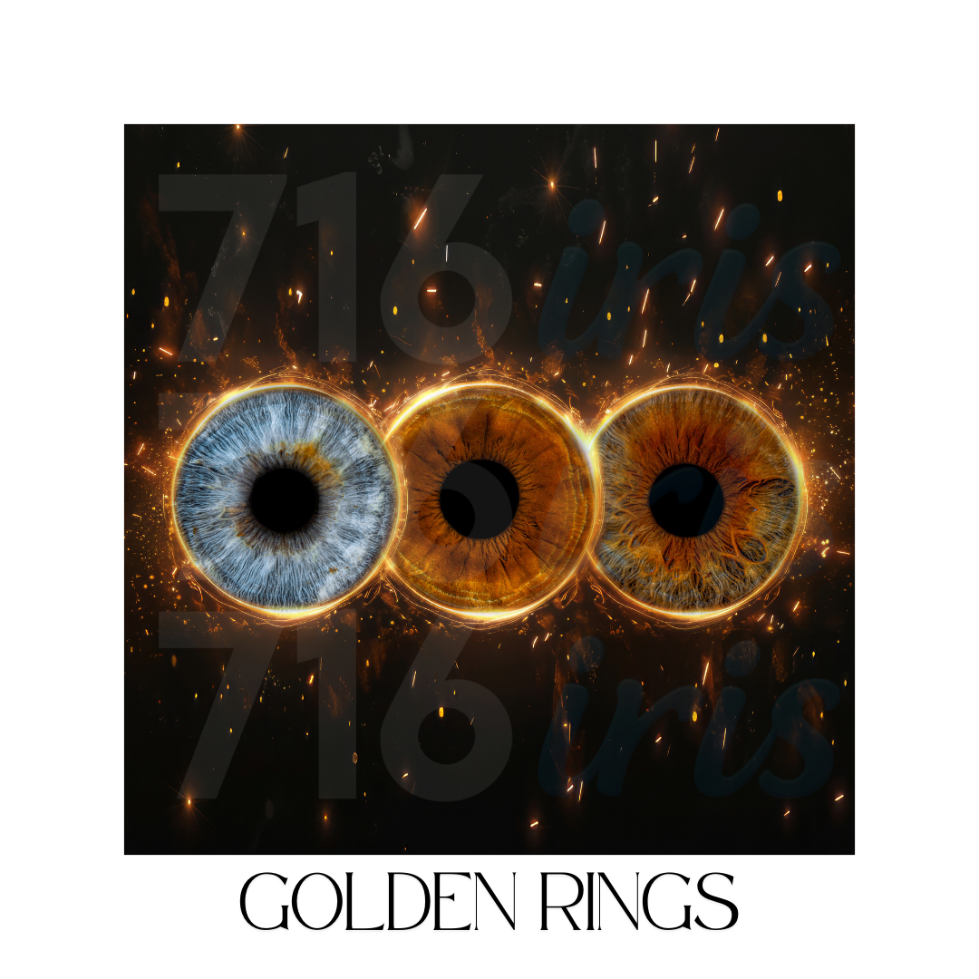 716 iris Abstract golden rings and blue eye design with glowing effects against dark background.