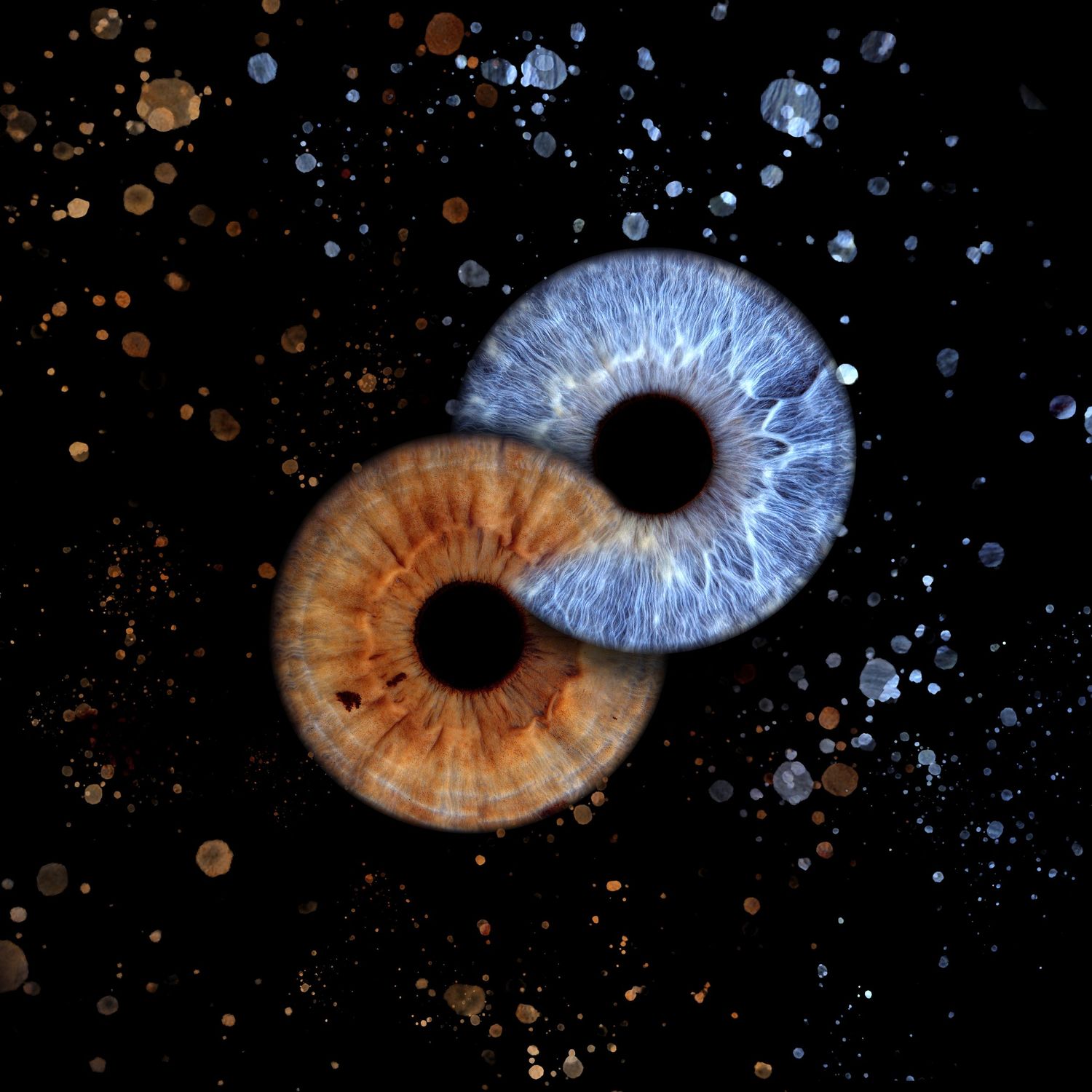 Two overlapping human irises, one brown and one blue, forming an infinity symbol against a dark starry background.
