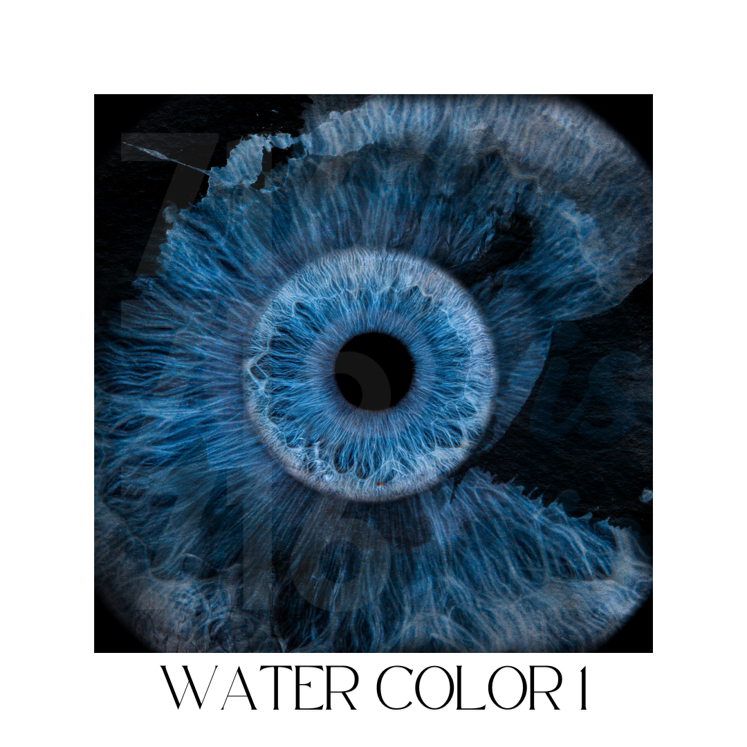 Macro photography series of blue human irises with dark backgrounds showcasing intricate eye details and patterns.