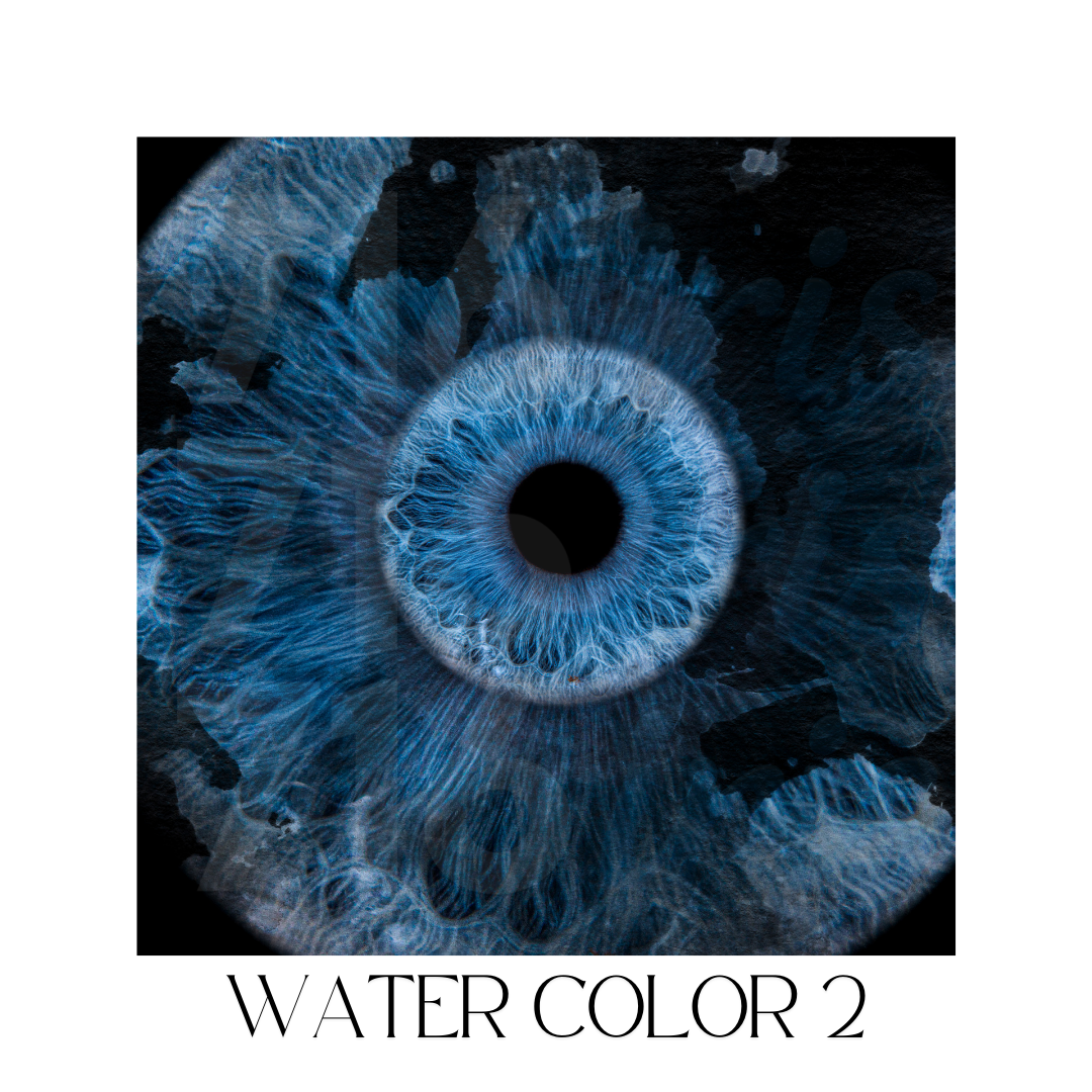 Abstract blue and black watercolor iris pattern with intricate details resembling an eye shape against dark background.
