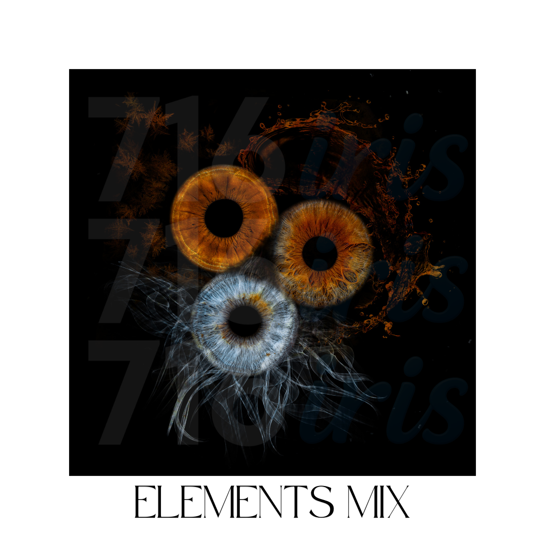 716 iris Abstract circular design elements with glowing orange and blue rings against a dark background in a digital art style.