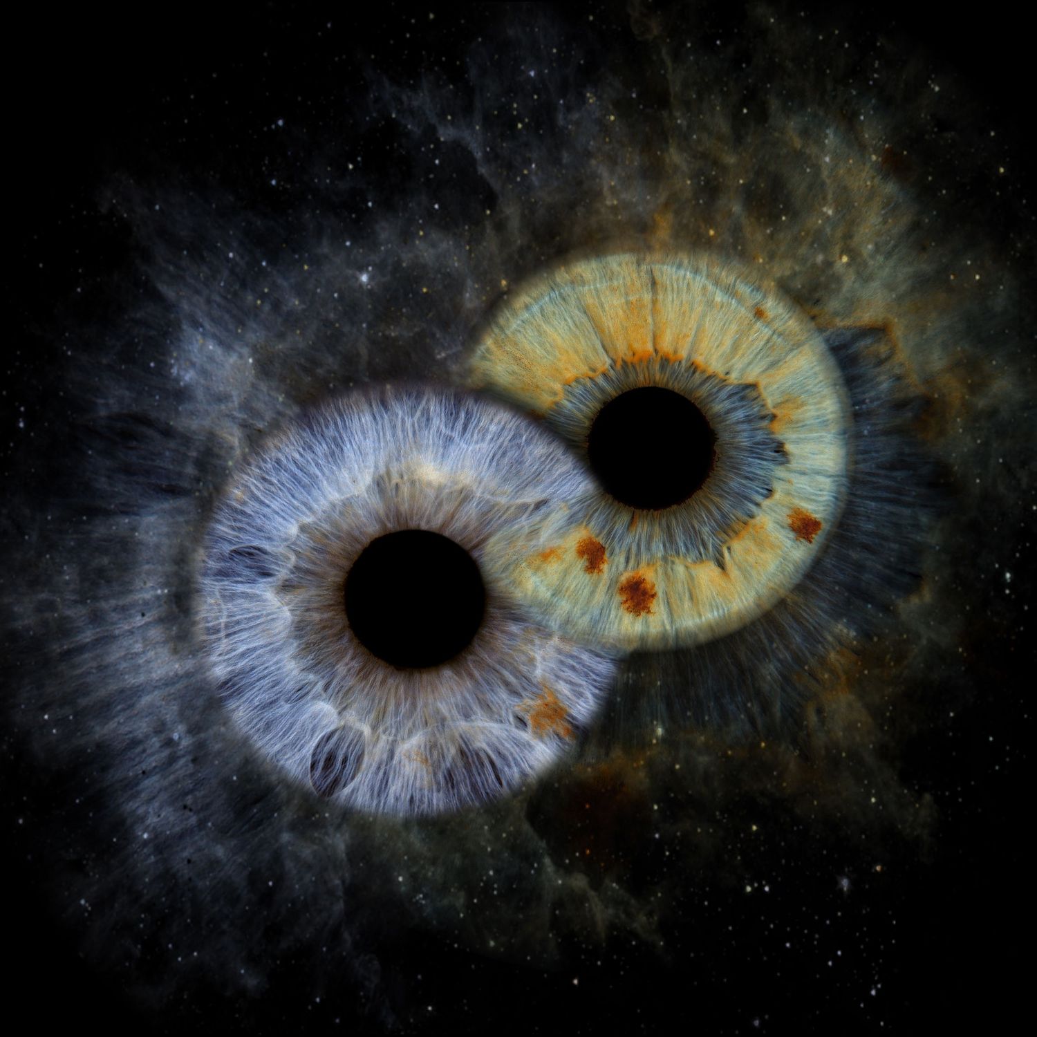 716 iris A series of cosmic nebula images showing ethereal blue and gold formations against a dark space background.