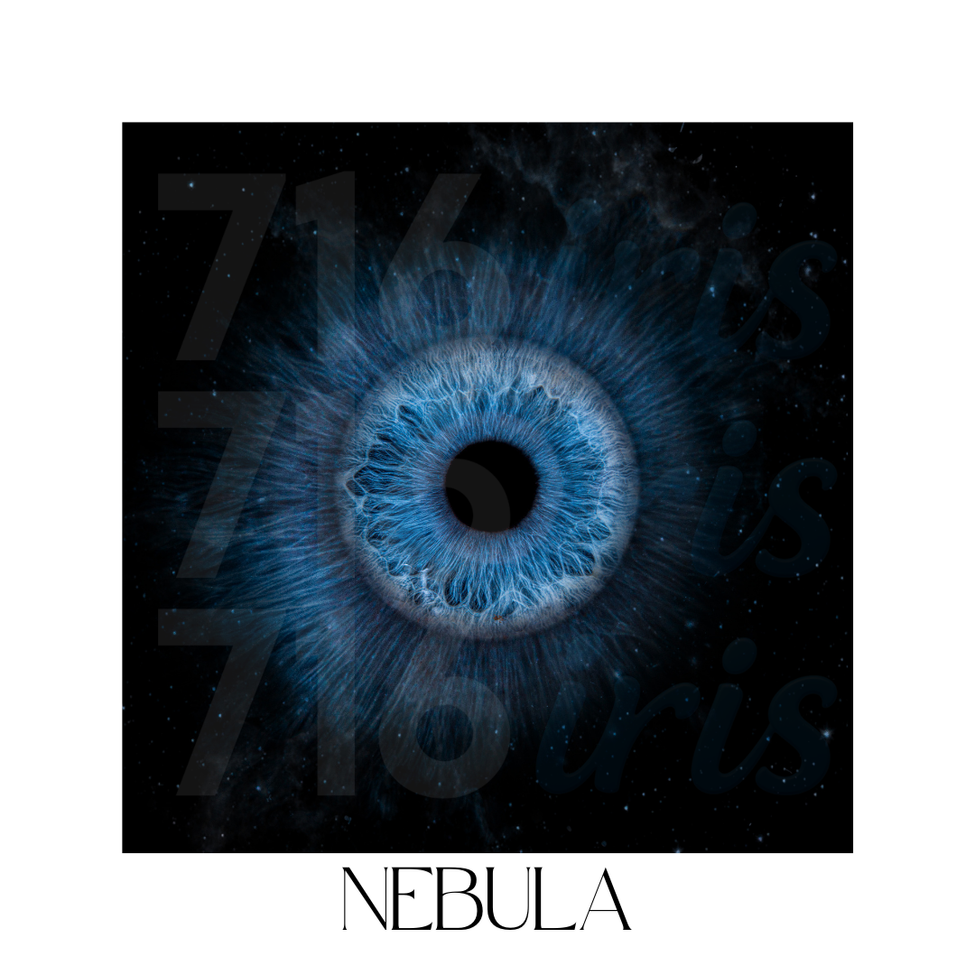 A glowing blue nebula shaped like a cosmic eye with a dark center against a black space background.