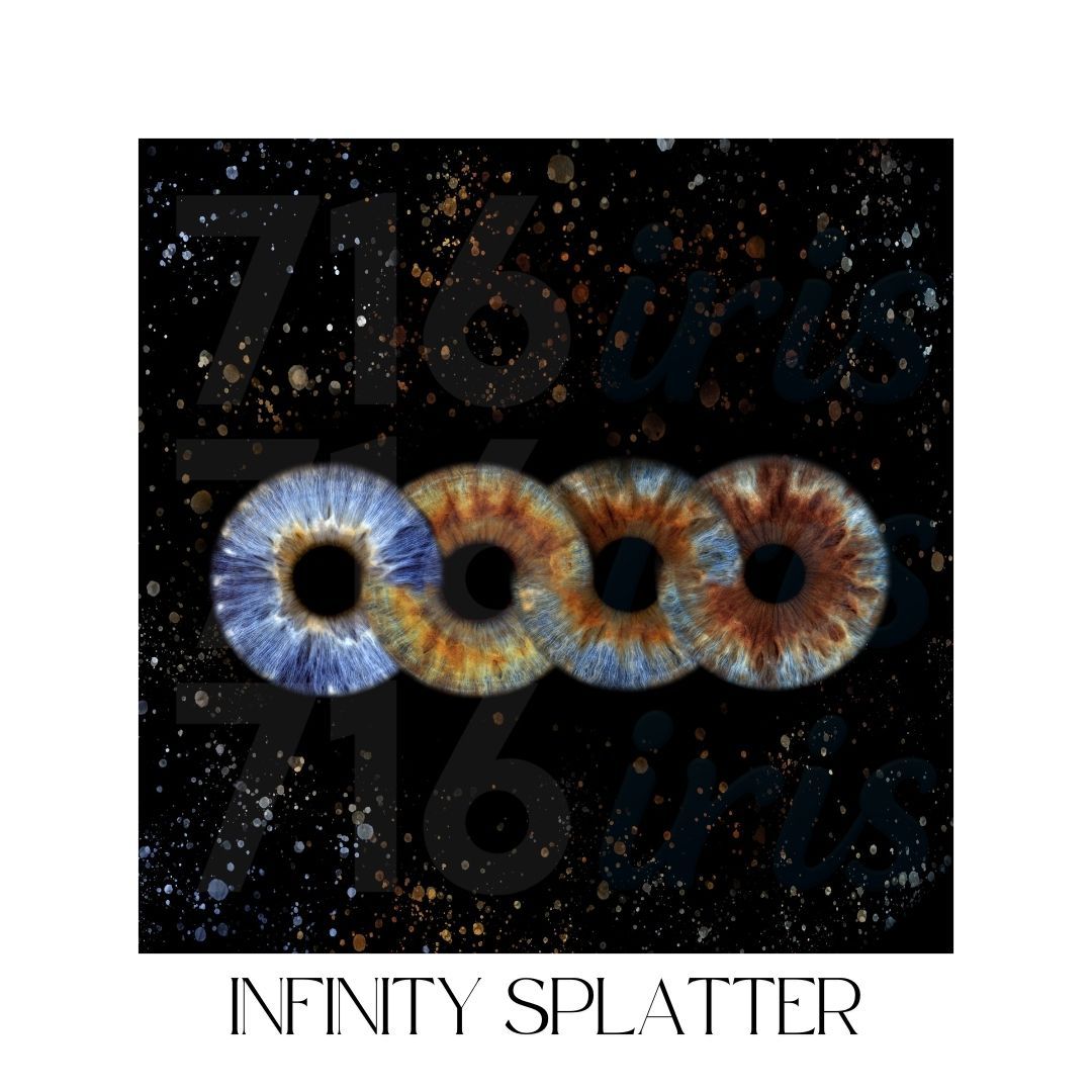 716 iris Four circular iris patterns arranged horizontally against a starry space background with text reading Infinity Splatter.