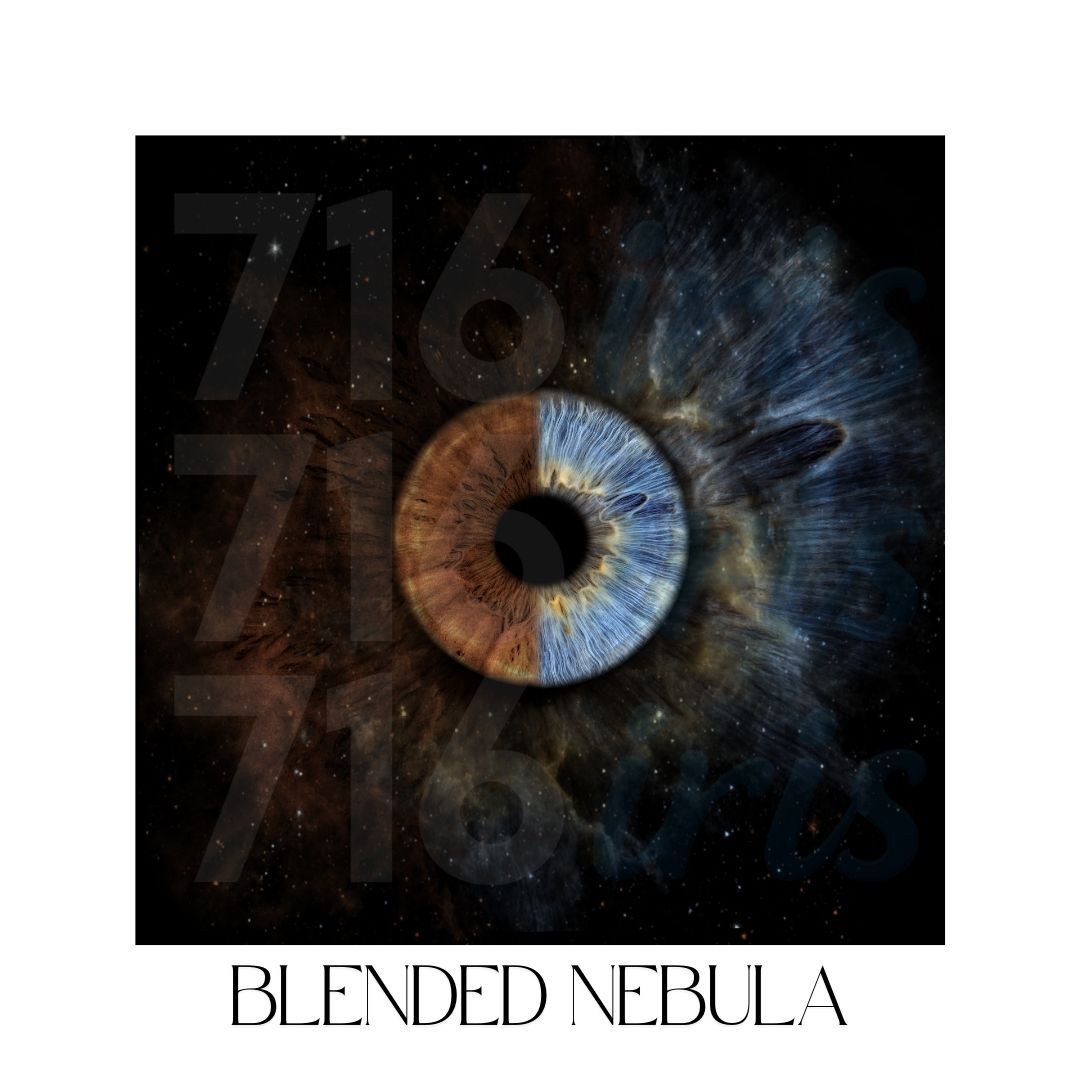 716 iris Artistic rendering of a split brown and blue iris merged with a cosmic nebula effect.