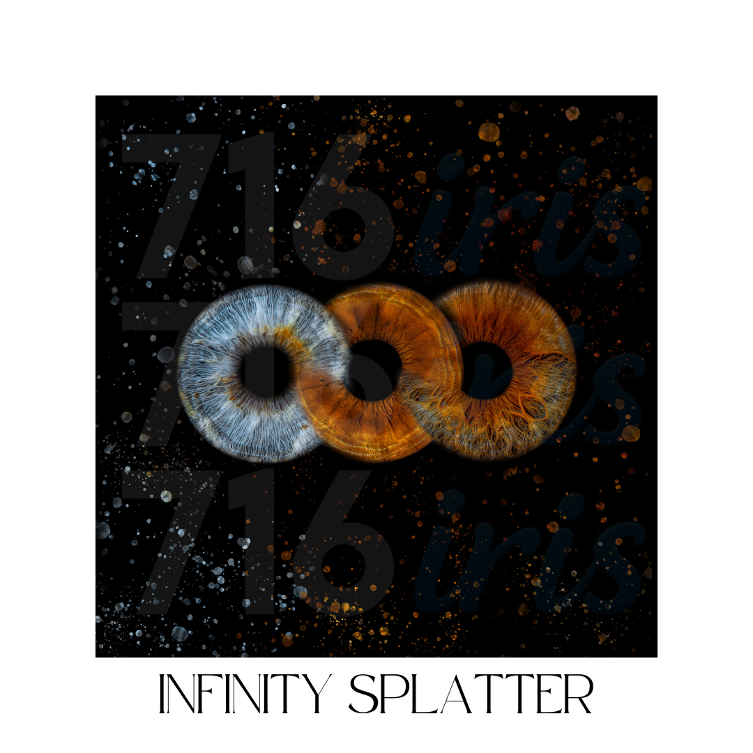 Abstract circular designs in orange and blue colors against a dark starry background create a cosmic infinity splatter effect.