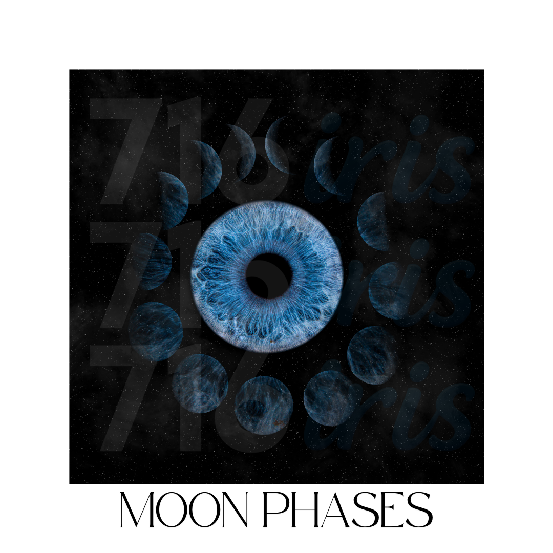 Artistic moon phases diagram with a detailed blue iris in the center against a dark background.
