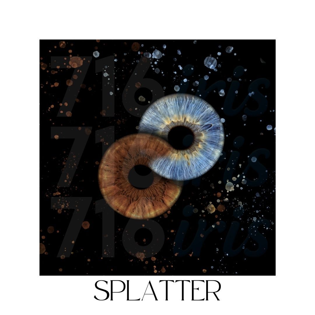 716 iris Brown and blue iris patterns with paint splatter effects against a dark starry background.