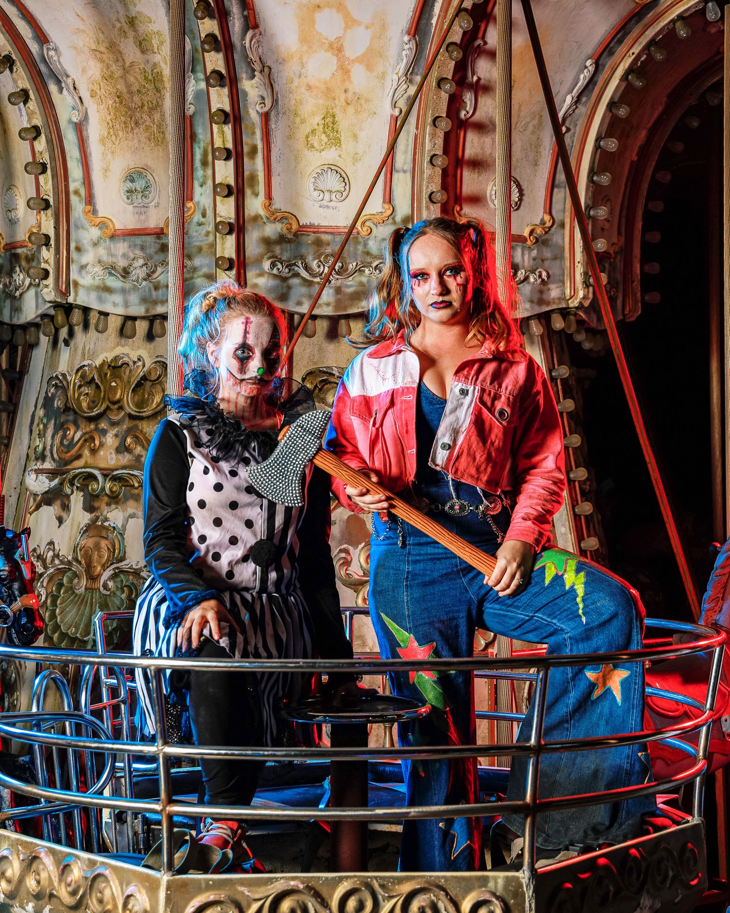 A person in red and blue clothing poses playfully against ornate carousel decorations in an artistic photo series.