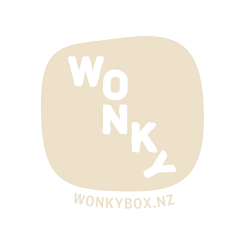 Wonky Box NZ rounded square logo design in cream color.