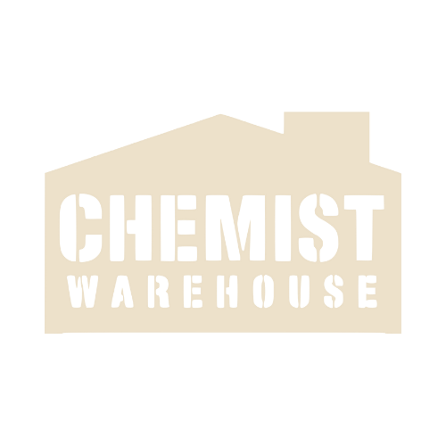 Chemist Warehouse text logo in stencil style with house silhouette design.