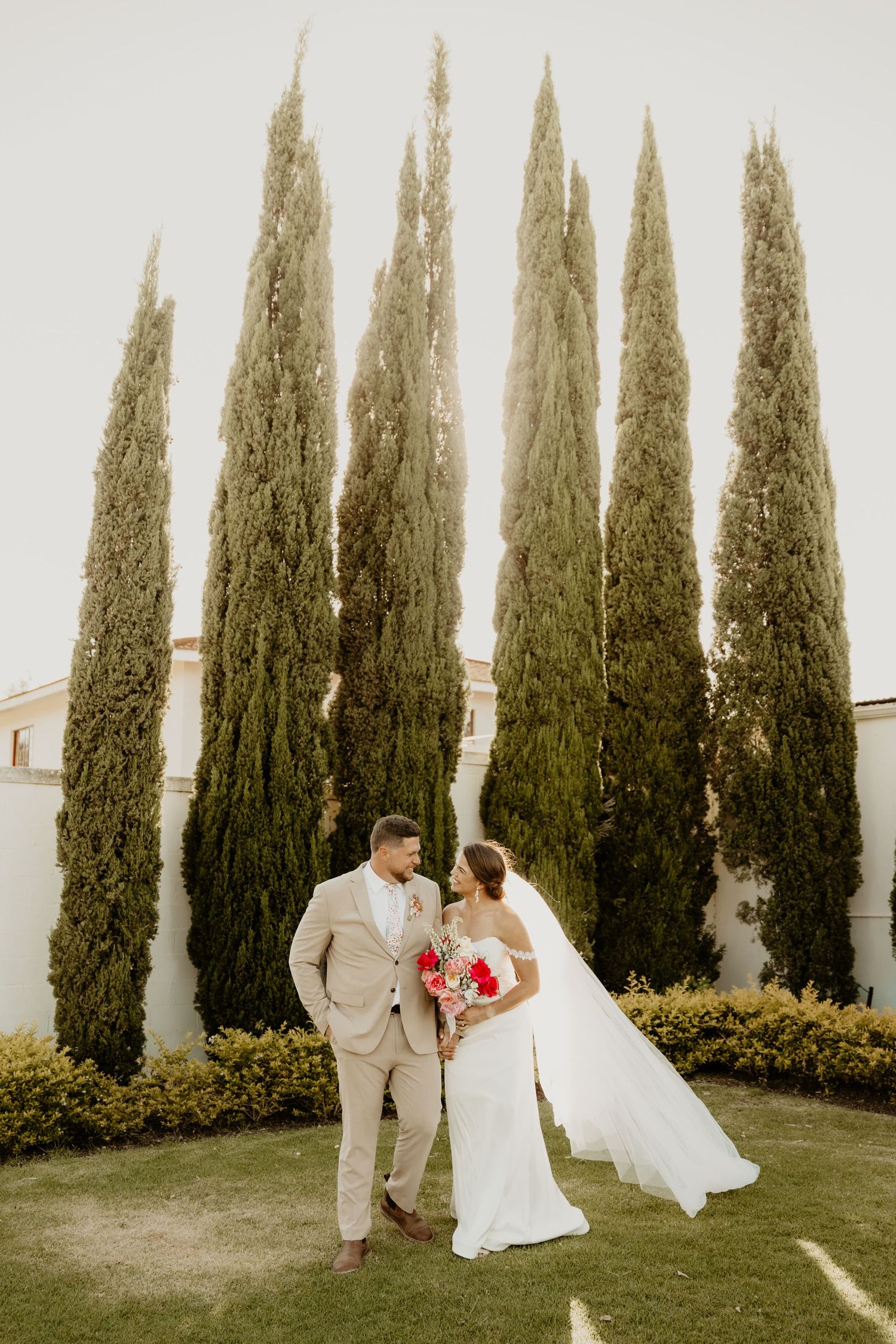 A couple in wedding attire stands together on a lawn with tall cypress trees creating a dramatic backdrop.