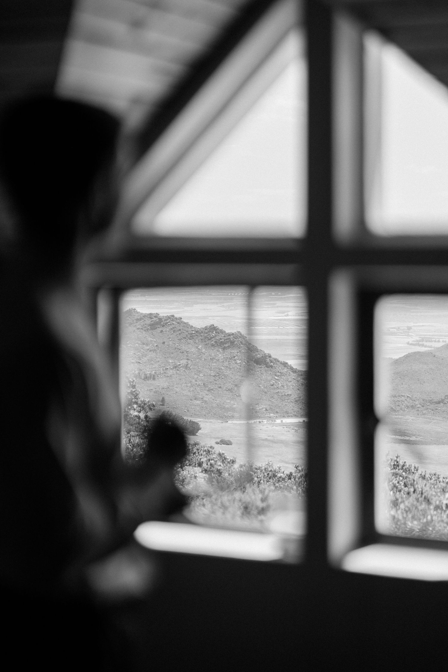 Black and white photo of a person gazing through a multi-pane window at a scenic mountain and coastal landscape.