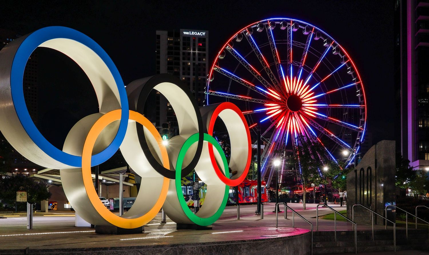 Centennial Park, Atlanta at night through a long exposure photo.