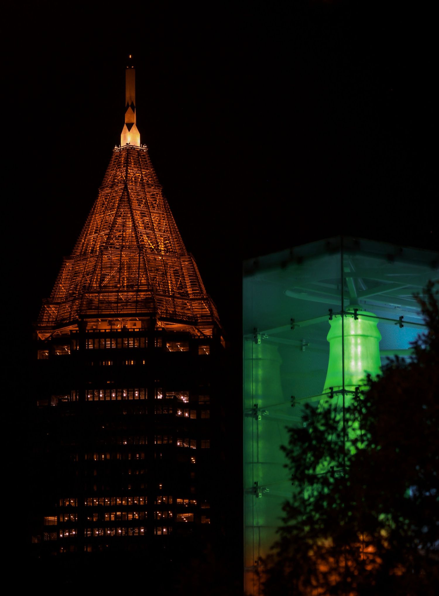 Downtown Atlanta at Night. Featuring the evening lights of the Bank of America Building and World of Coca-Cola Museum.