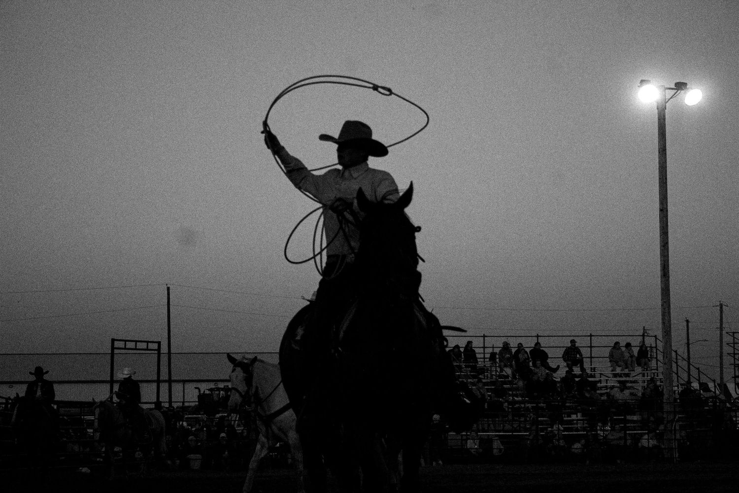 A black and white panoramic sequence shows a cowboy silhouette roping at a rodeo against stadium lights at dusk.