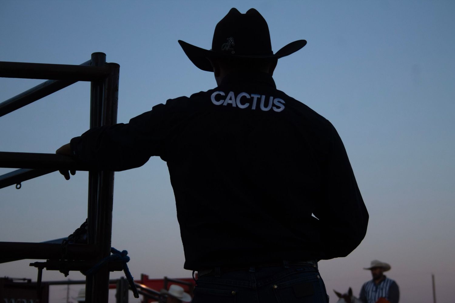 A silhouetted figure wearing a cowboy hat stands against a dusky blue sky with rustic wooden beams in the background.