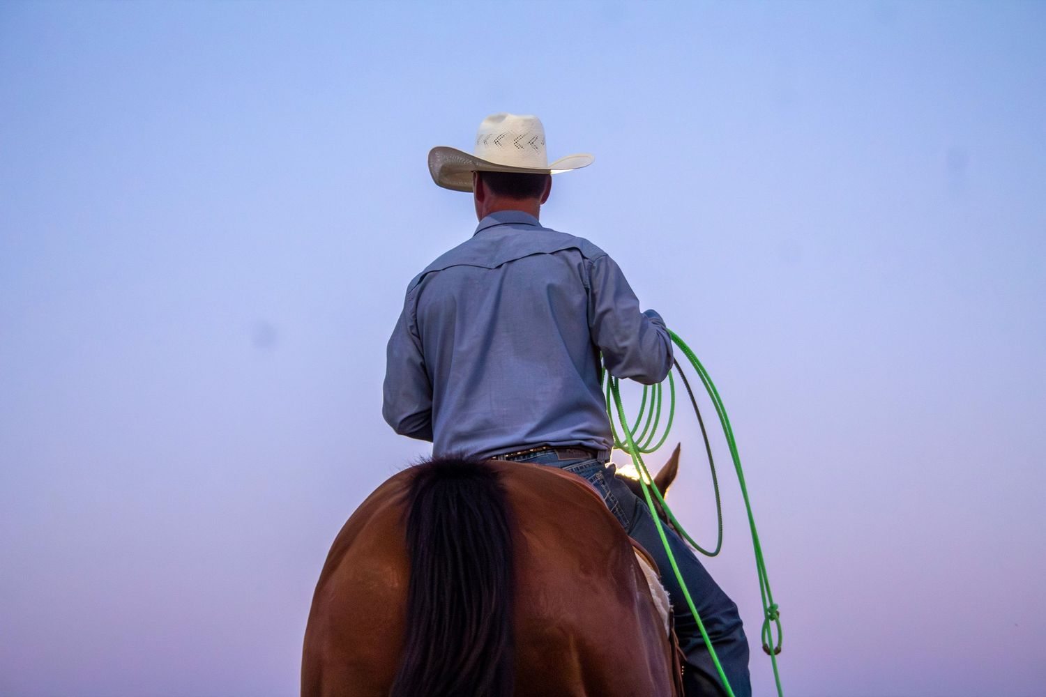 A sequence of silhouetted horseback riders moving along a scenic mountain trail at dusk.