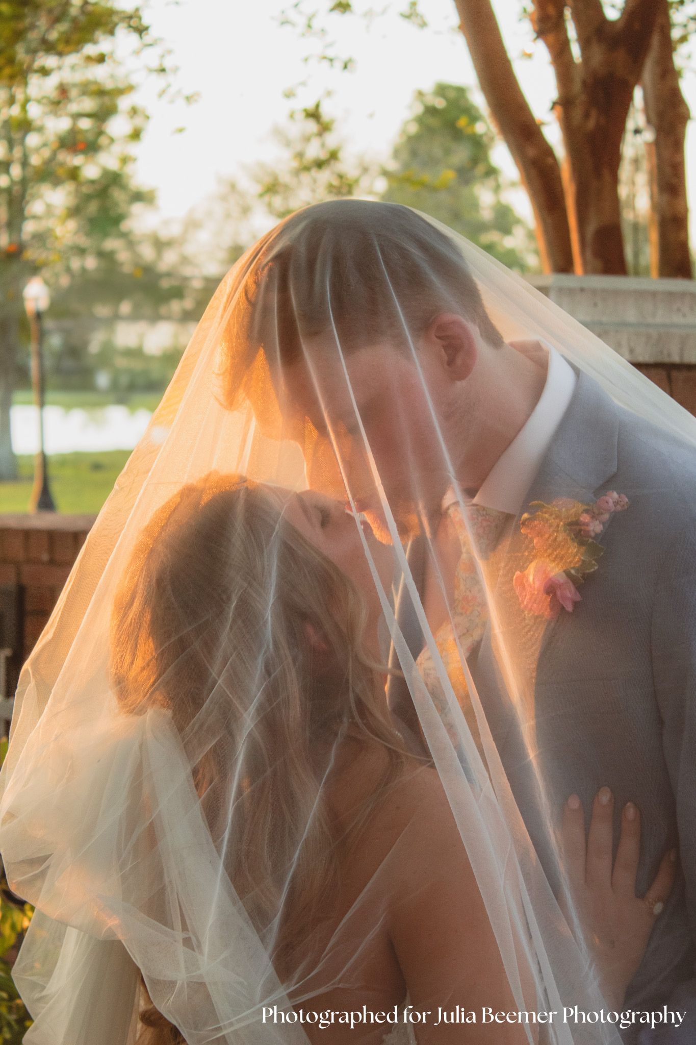 a portrait of a bride and groom kissing underneath a viel