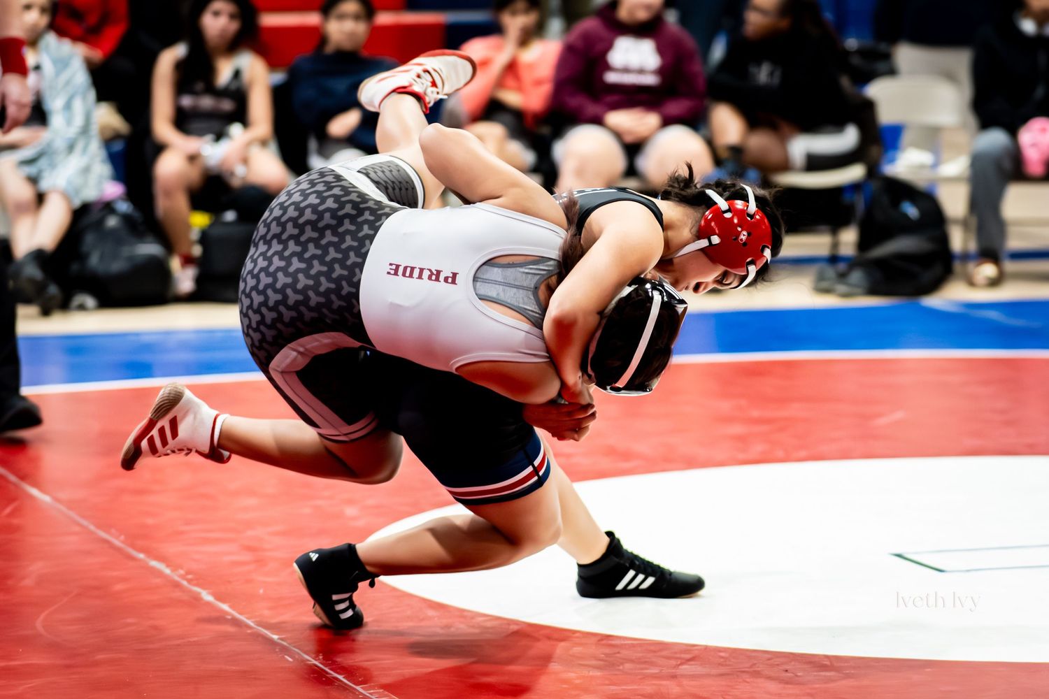 Multiple wrestling match scenes showing athletes in competitive grappling positions on red and blue wrestling mats.