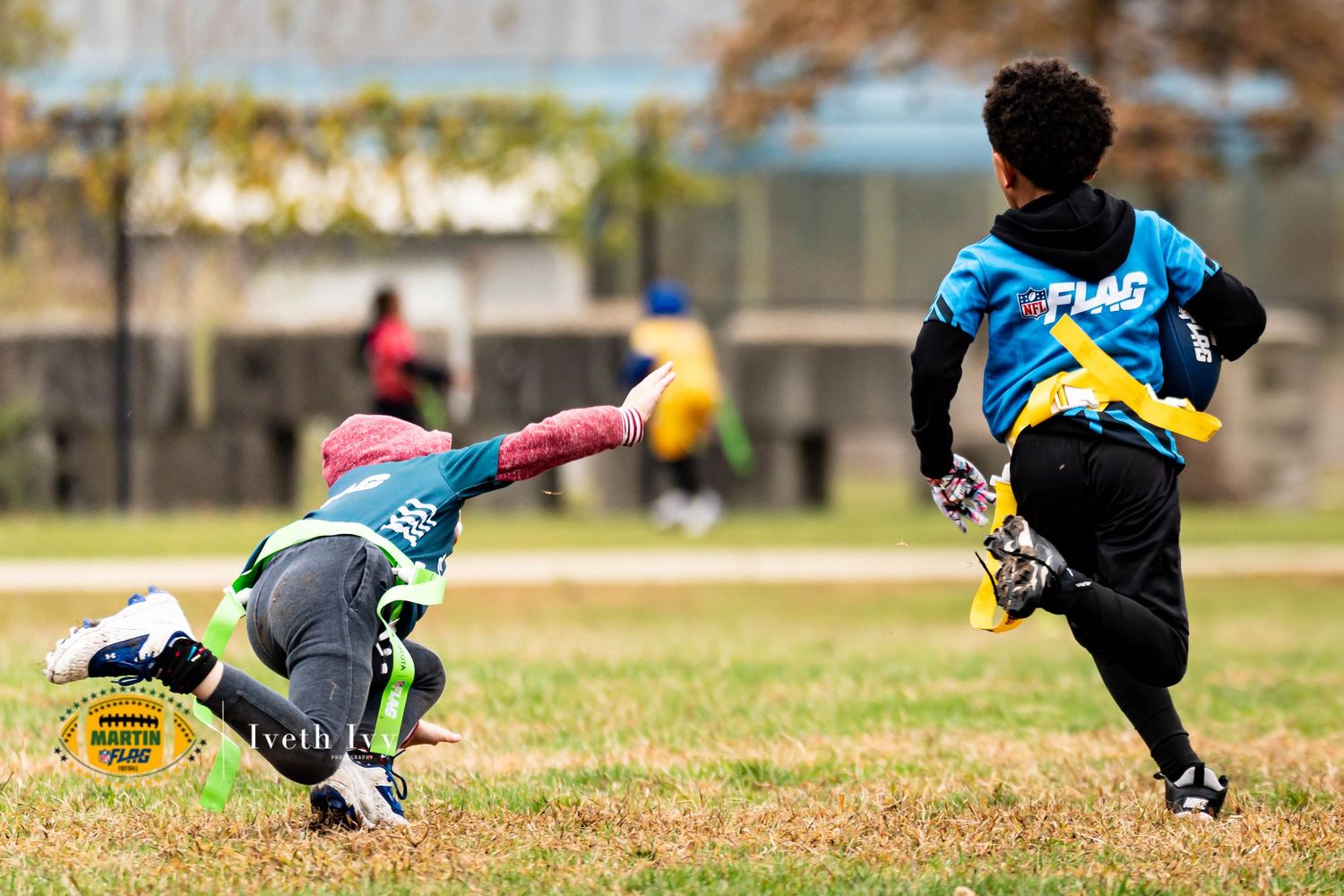 A sequence of dynamic diving catch attempts on a grassy field shows athletic movements to grab a flying disc.