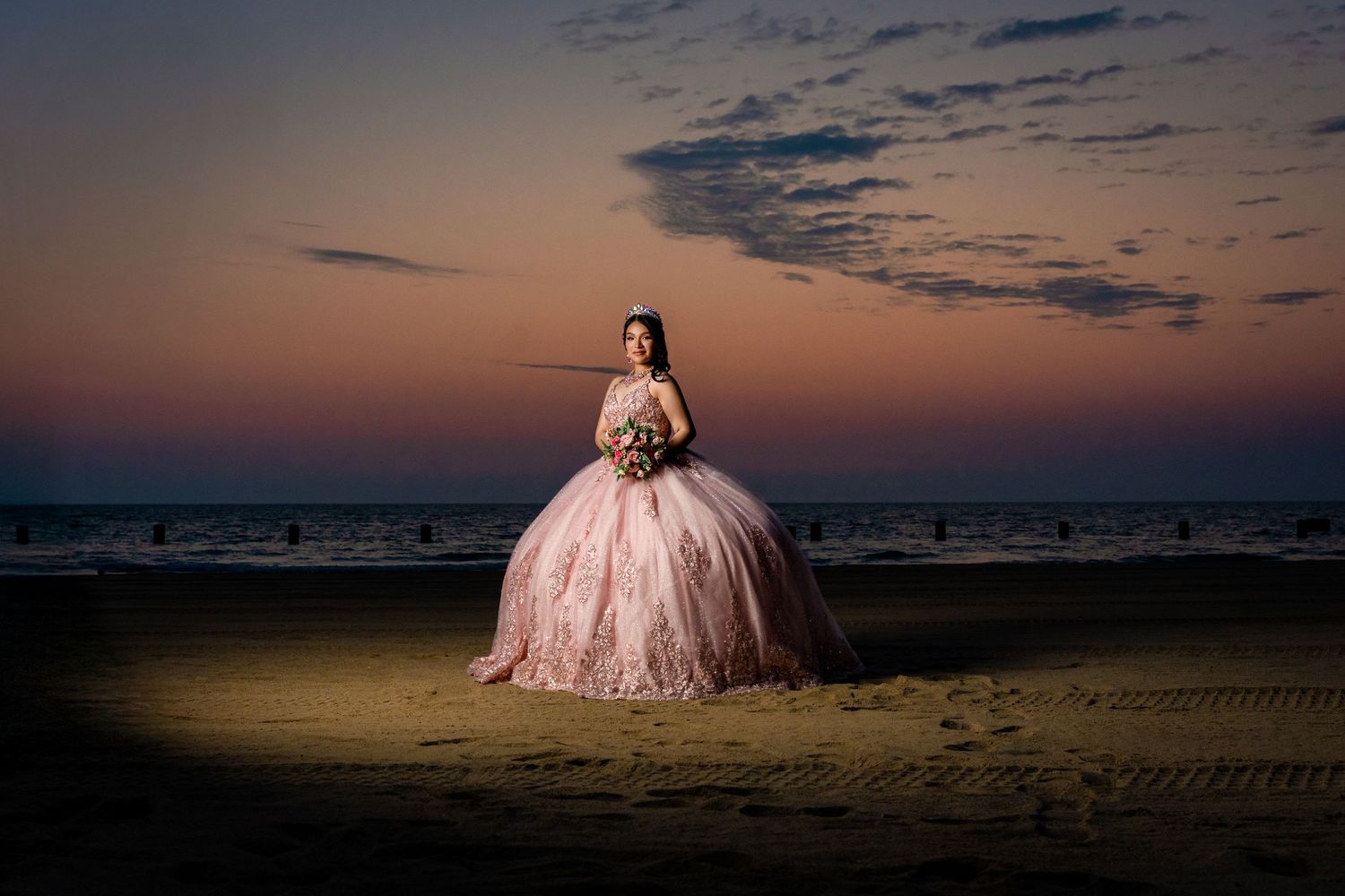 A series of sunset beach wedding photos showing silhouettes against dramatic orange and pink skies.