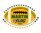 A decorative yellow and black football logo design with stars and text reading Martin Pride.