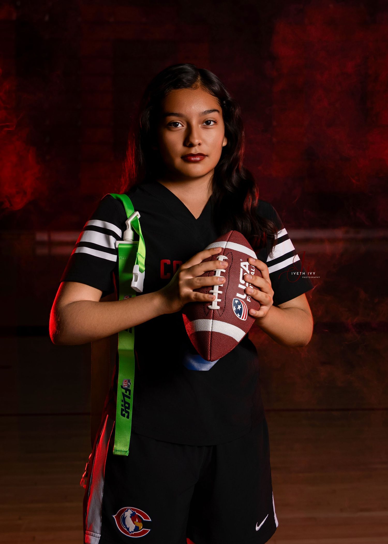 A series of sports-themed photos showing football equipment and green and red ribbons against a dark red background.