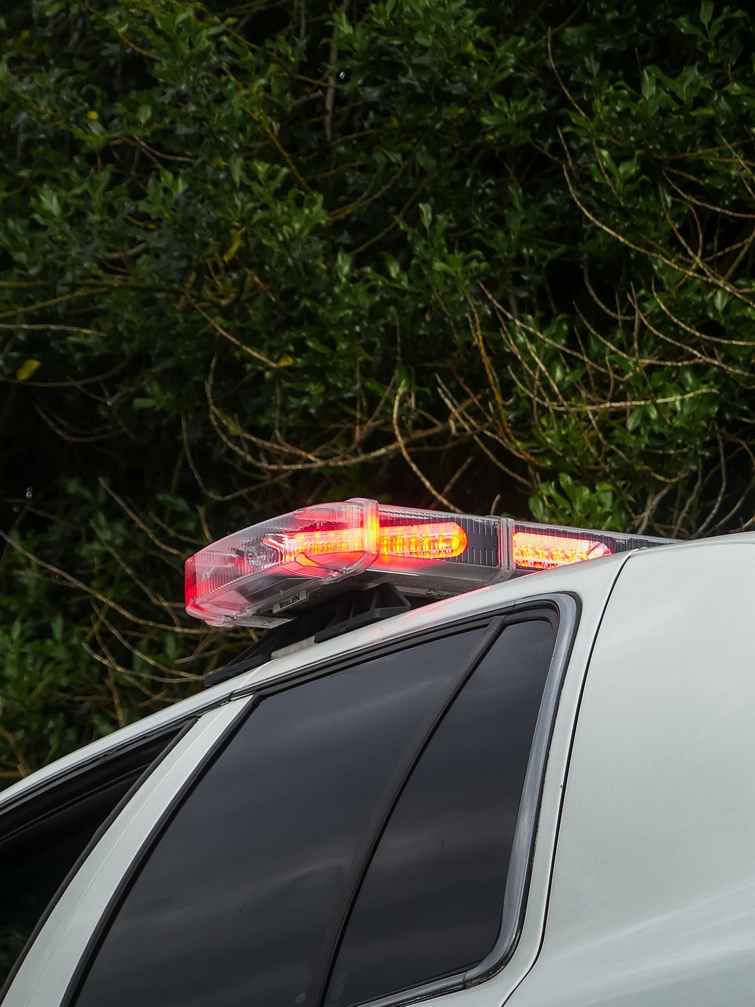 Red emergency light bar mounted on top of a police vehicle.