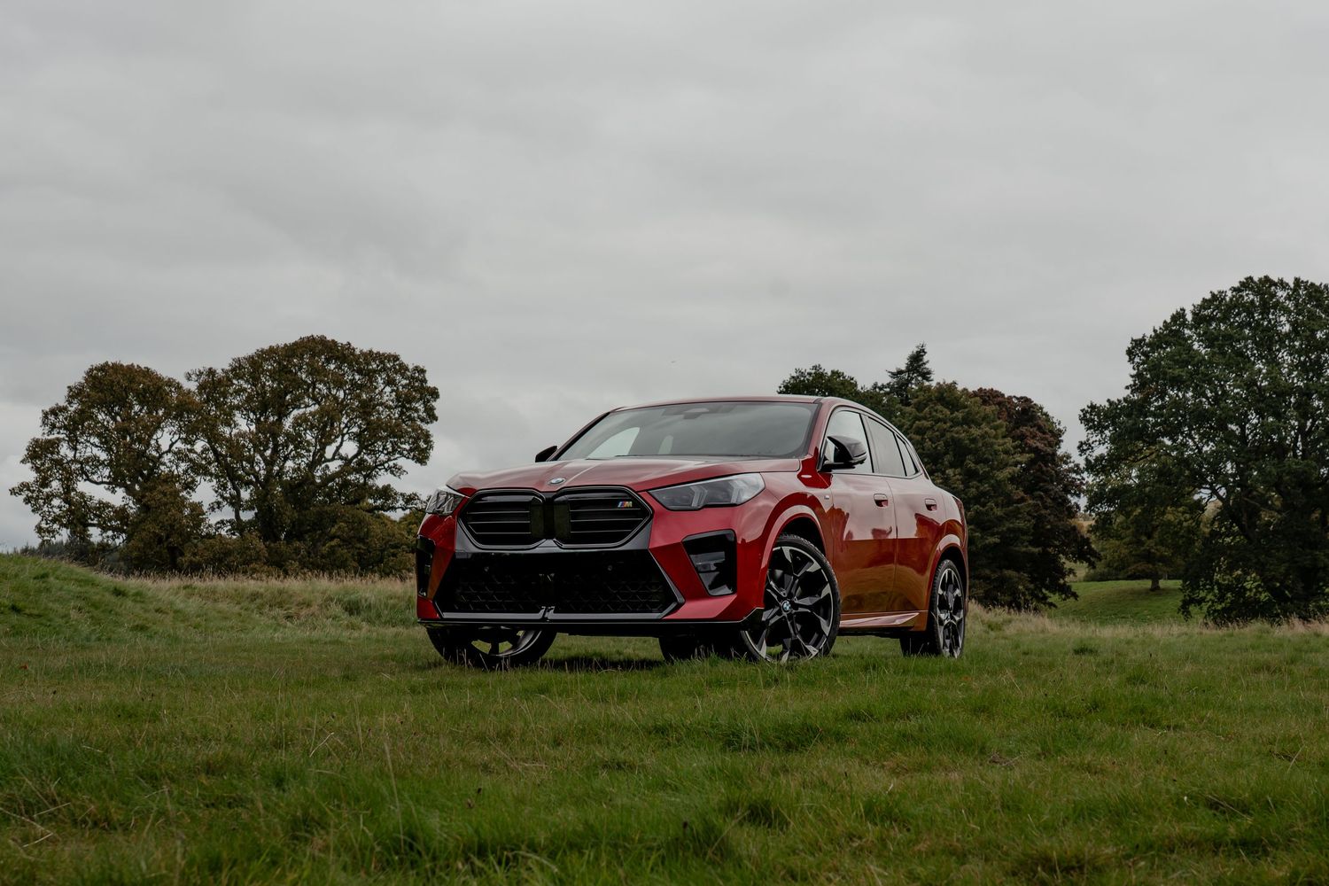 Red BMW X2 SUV parked on green grass field with trees and overcast sky in background.